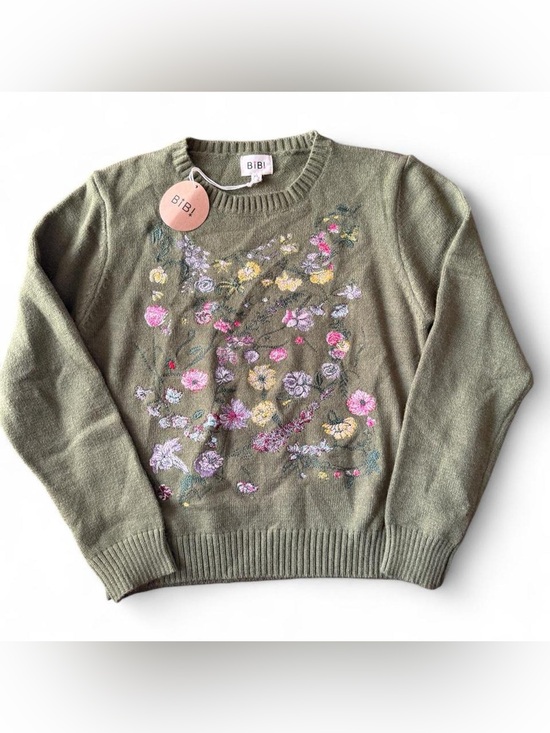 BiBi Sweaters - BiBi Olive Crewneck Sweater with Multicolor Floral Embroidery